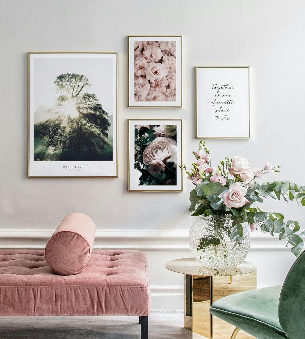 Gallery wall with pink and green colours