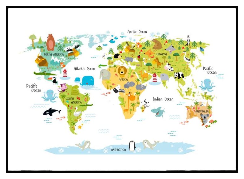 Wereldkaart Dier Poster (21x30 cm) - Poster Store