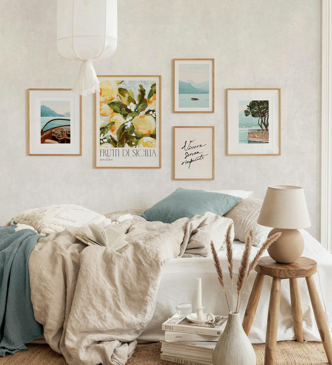 Gallery wall with photographs of Lake Como and lemons in oak frames. Suitable for the bedroom. 