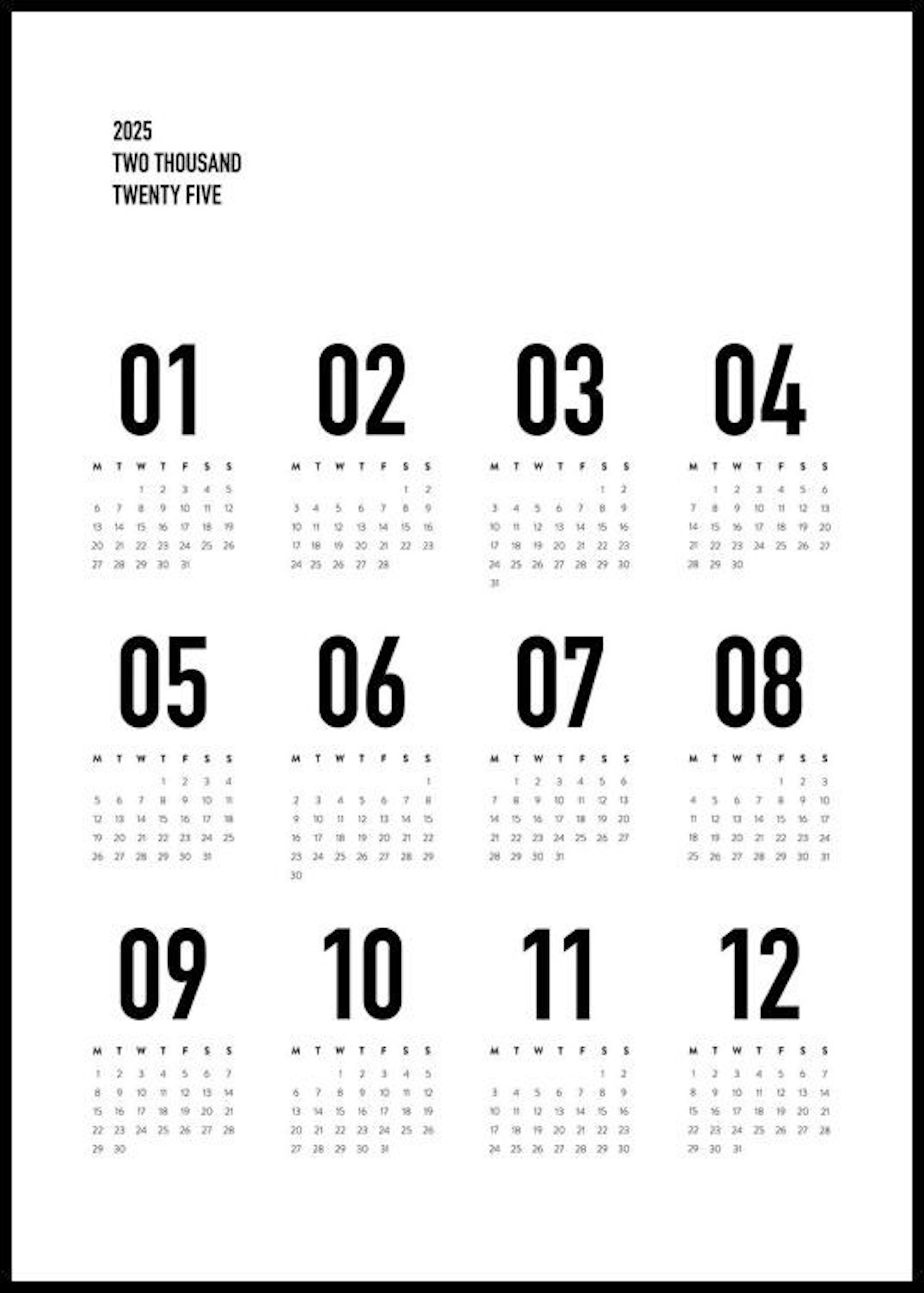 Kalender 2025 S/W Poster - Datumstracker 0