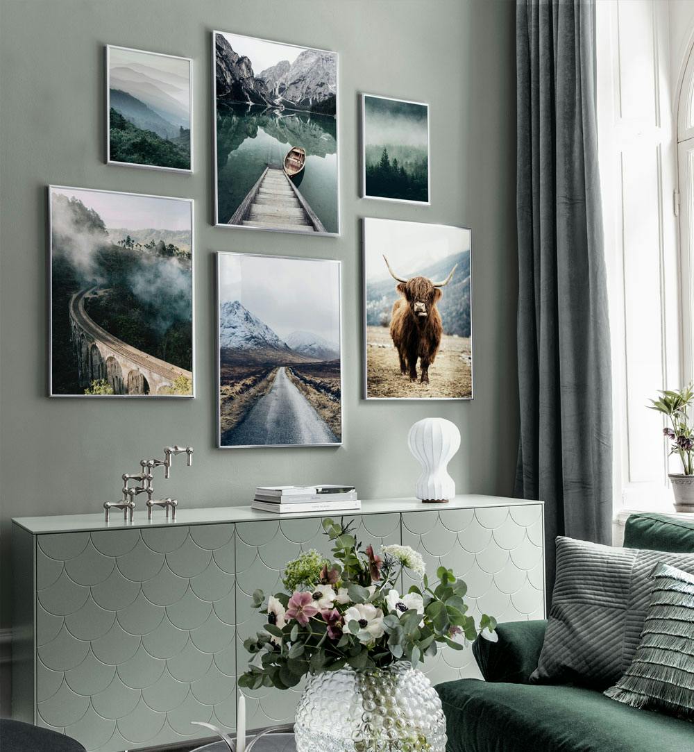 Gallery Wall in tones of green inspired by nature