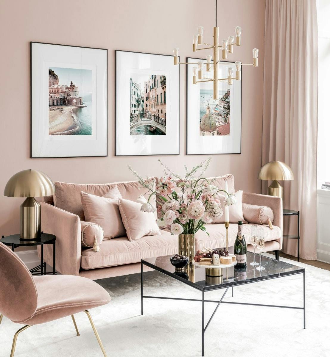 Italian Gallery Wall Amalfi Venice posters pink interior black metal frames (ONE SIZE) - Poster Store