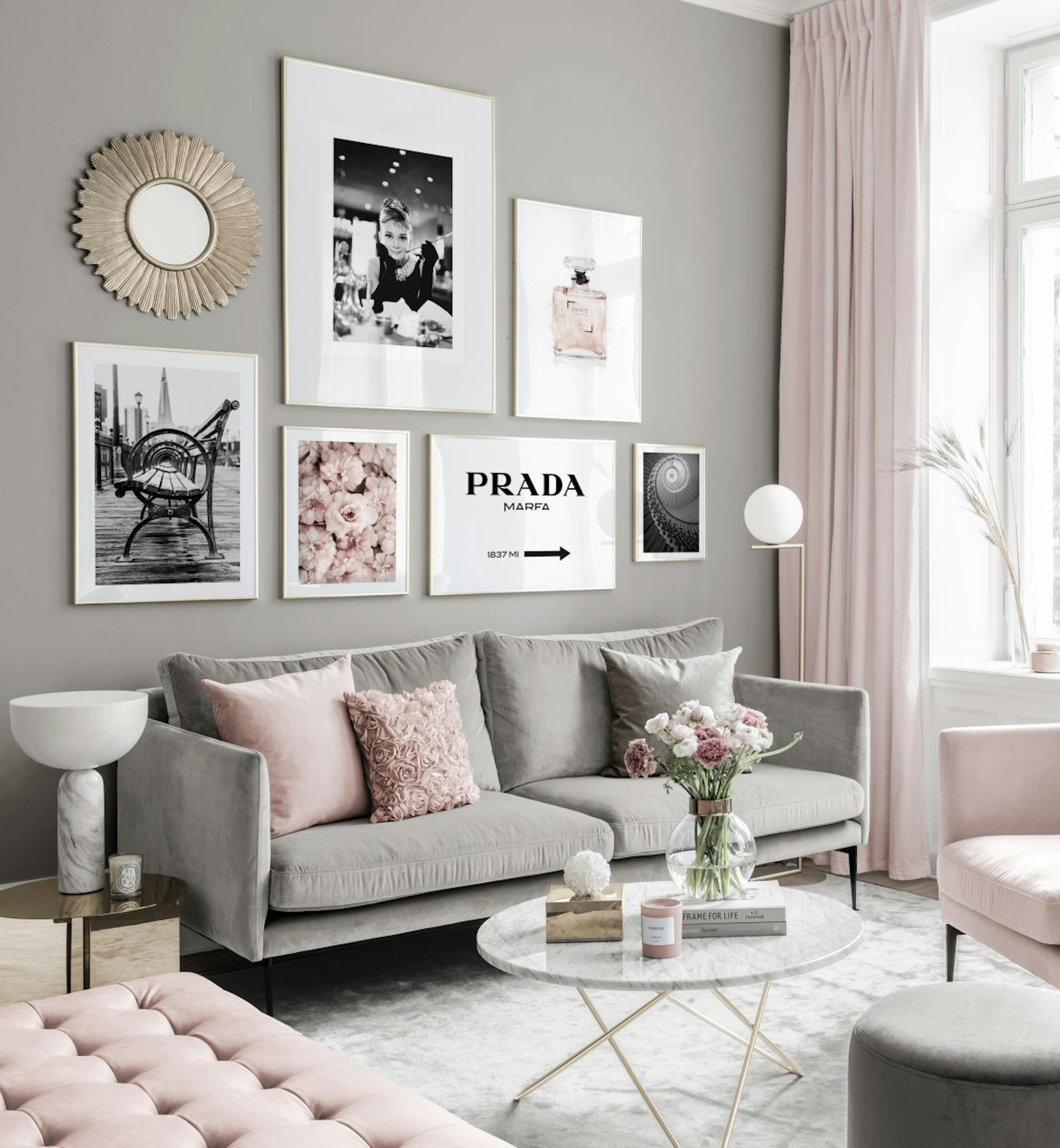 Fashionable gallery wall black white posters pink tones golden frames