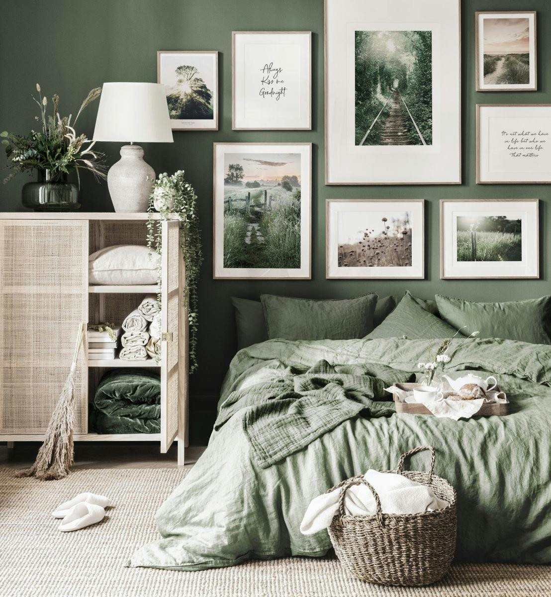 Green art gallery wall art landscape nature posters oak frames (ONE SIZE) - Poster Store