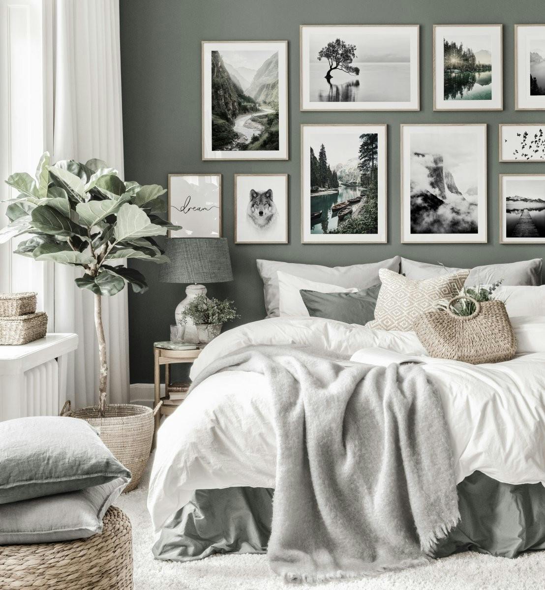 Inspirowana natura galeria obrazow zielona sypialnia czarno-biale plakaty debowe ramki (ONE SIZE) - Poster Store