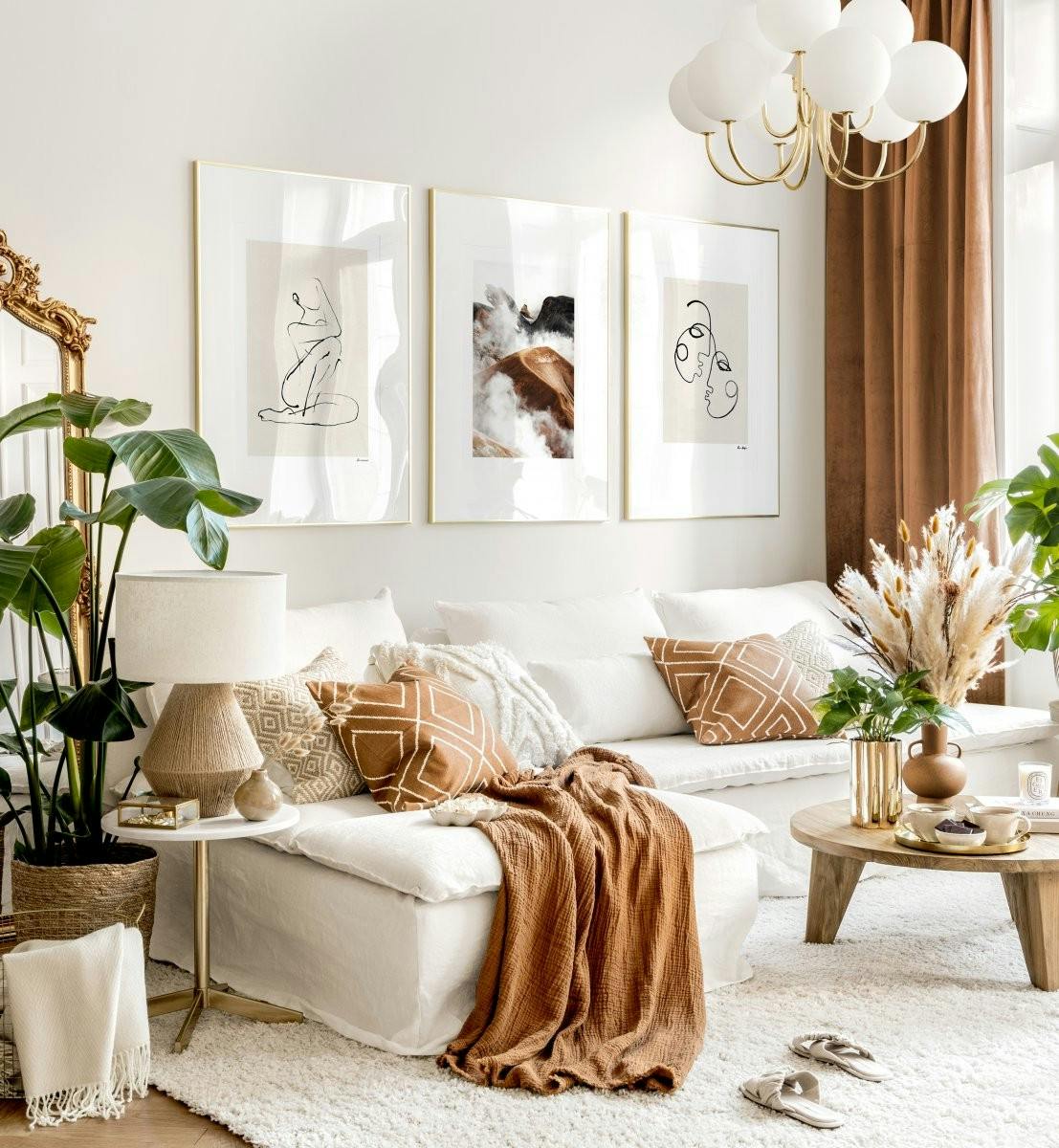 Living room wall art prints line art prints golden frames (ONE SIZE) - Poster Store