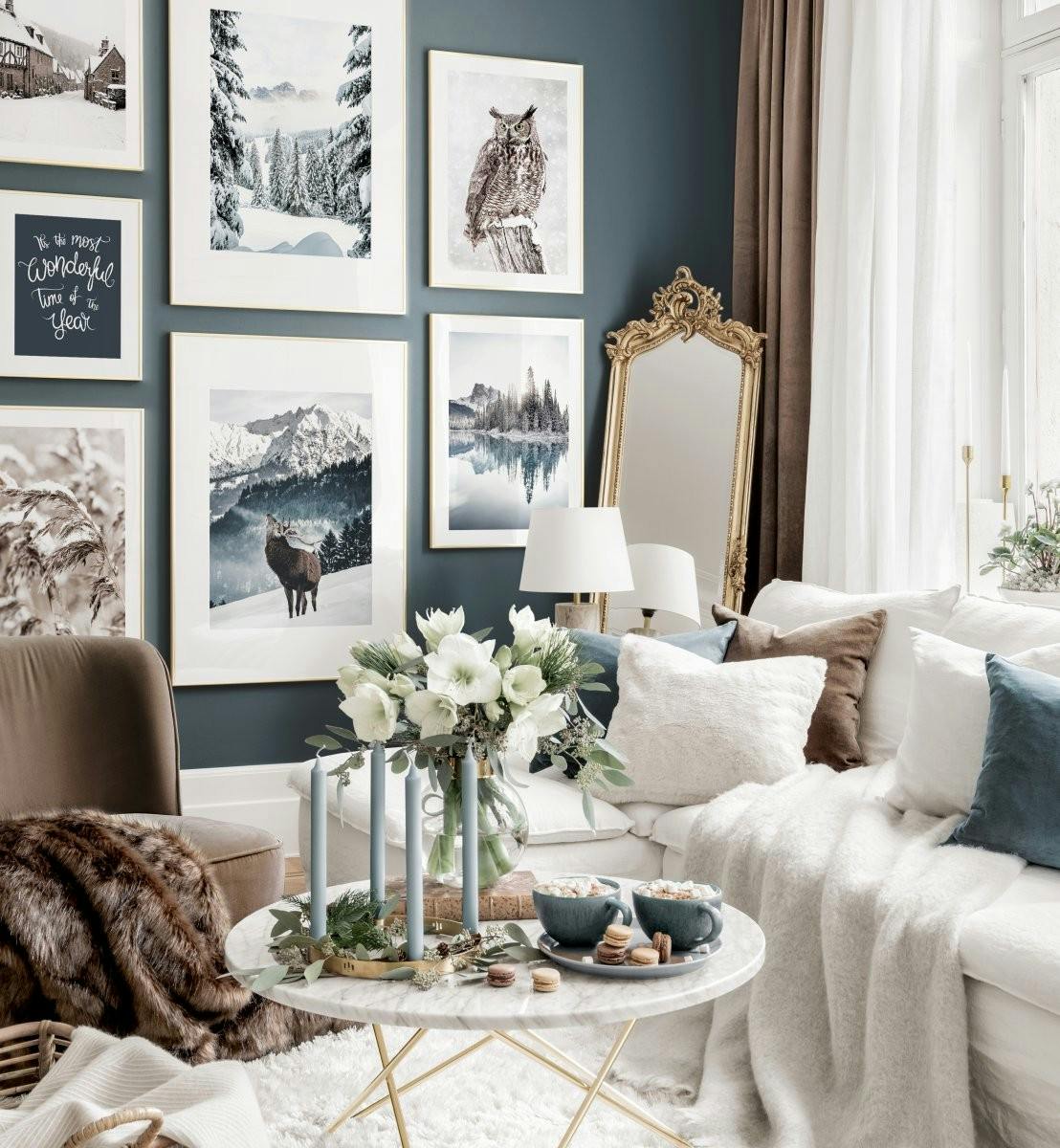 Kerst wanddecoratie winter posters gouden fotolijsten (ONE SIZE) - Poster Store