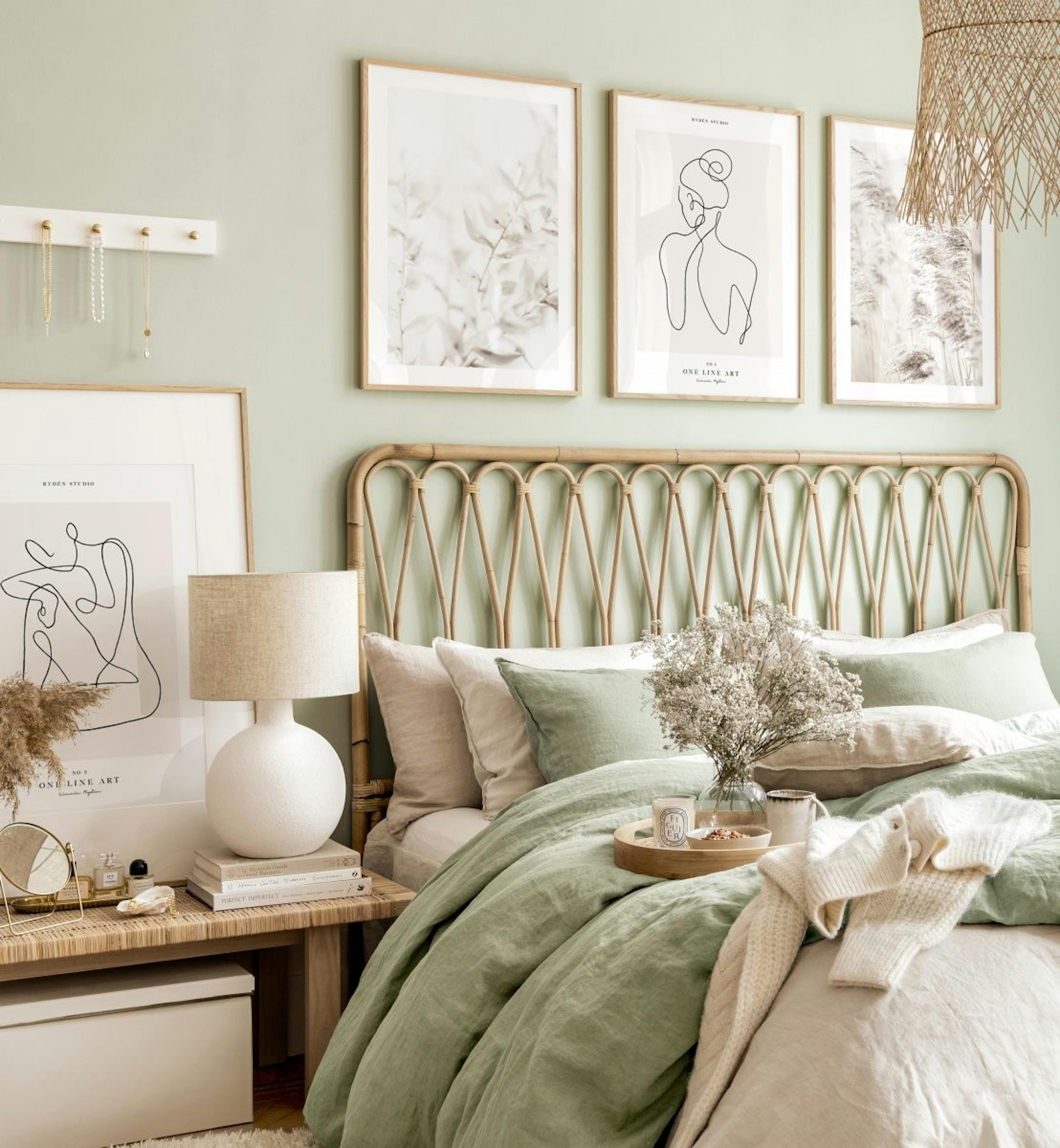 Zachte beige fotowand line art posters groene slaapkamer eiken fotolijsten
