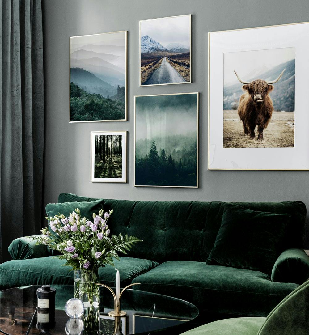 Stylish gallery wall with photo art and golden frames