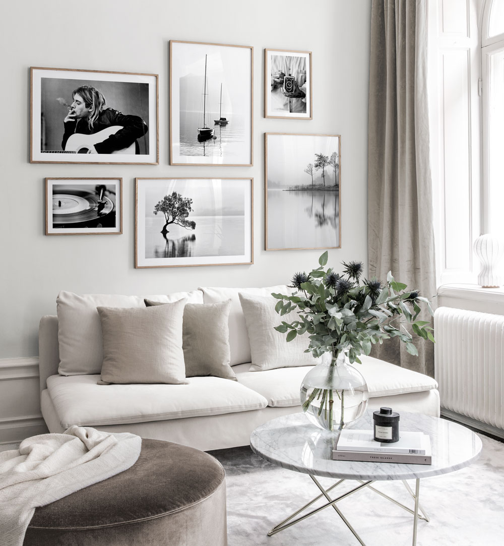 optioneel Afrekenen Kenmerkend Fotowand in Scandinavisch design met zwart witte posters