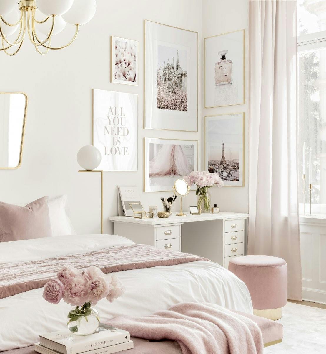 Pinkki Pariisi tauluseinä muotiaiheiset julisteet vaaleanpunaiset Pariisi sisustustaulut makuuhuoneen taulut (ONE SIZE) - Poster Store