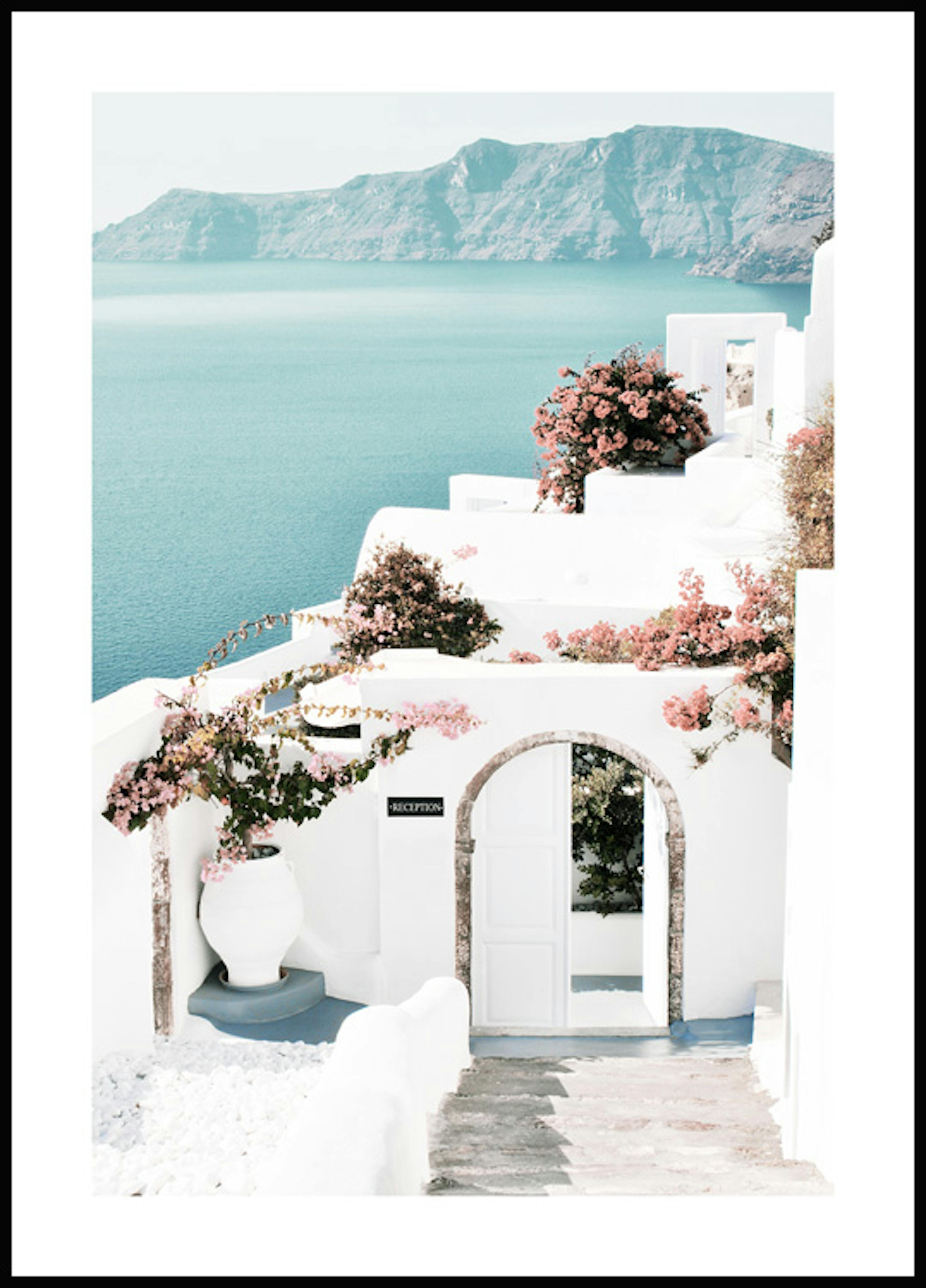 サントリーニ島と花 ポスター 0