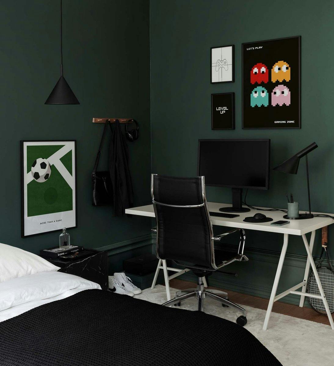 Gallery wall for the teenager with sports and games prints with black wood frames