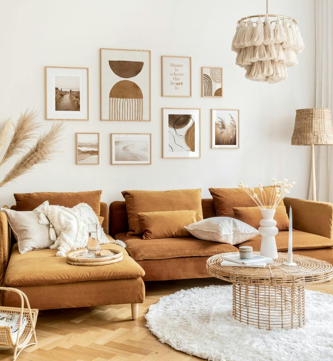 Beige abstract illustrations and nature posters in bohemian living room (ONE SIZE) - Poster Store