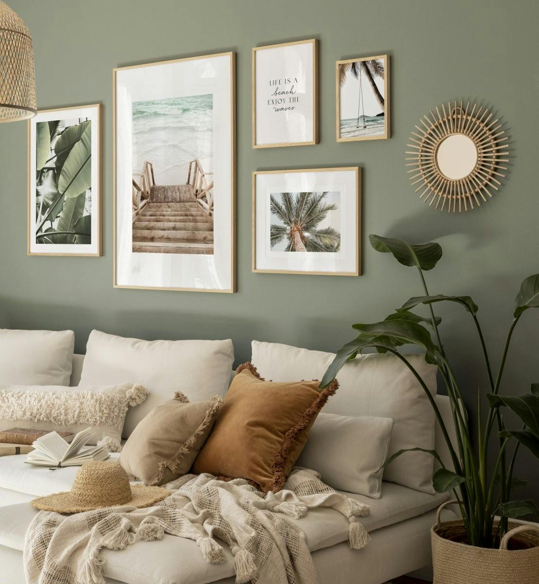 Green and beige bohemic gallery wall with nature prints and photo art for bedroom (ONE SIZE) - Poster Store