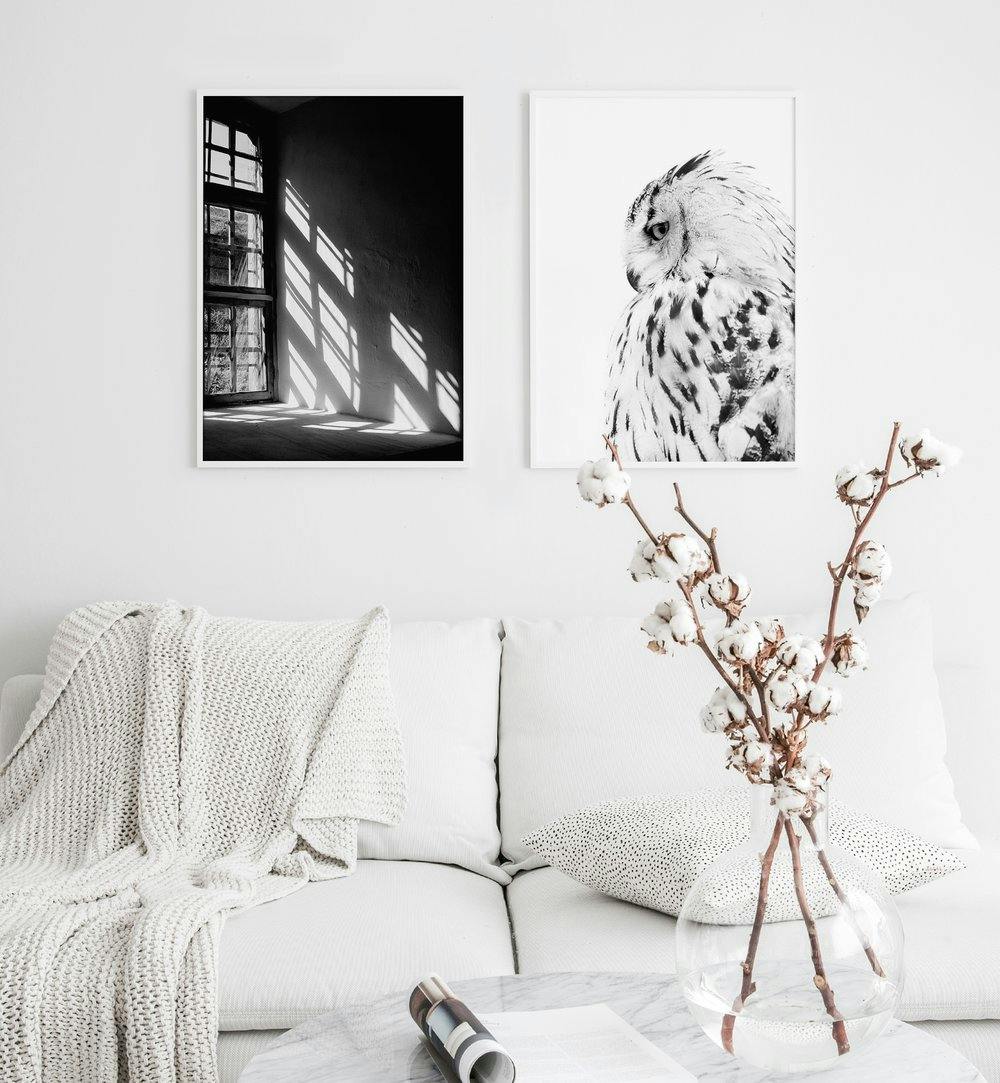 Gallery wall with white frames and black and white photo art