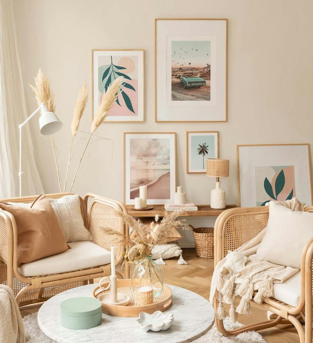 Graphic gallery wall in pastel colours combined with nature photographs for the home office (ONE SIZE) - Poster Store