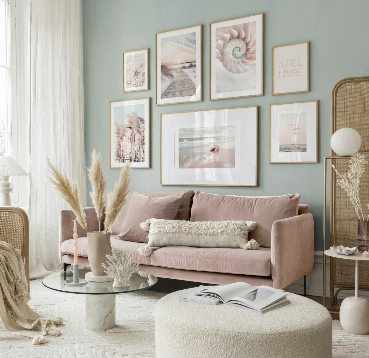 Colorful gallery wall with beachy wall art with oak frames for living room