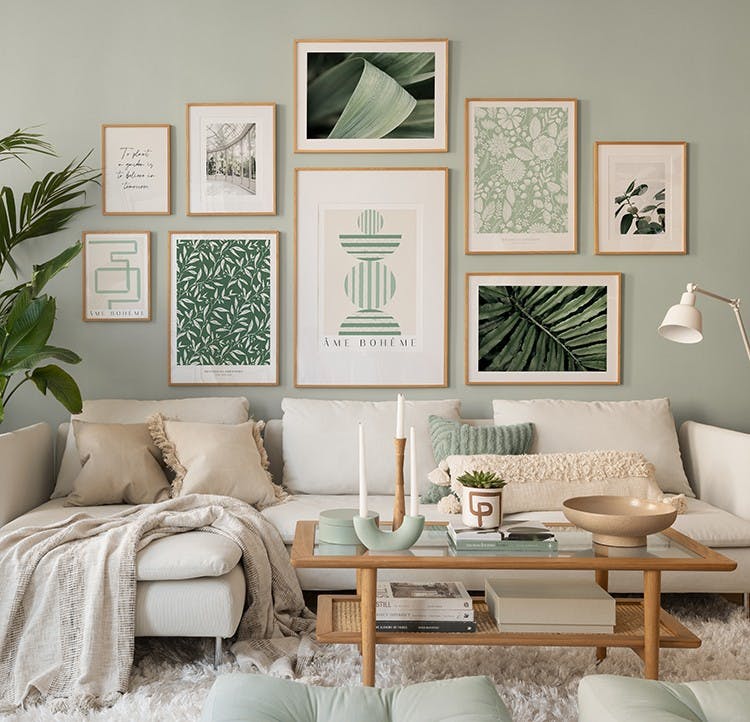 Green illustrations and abstract wall art with oak frames for the living room (ONE SIZE) - Poster Store
