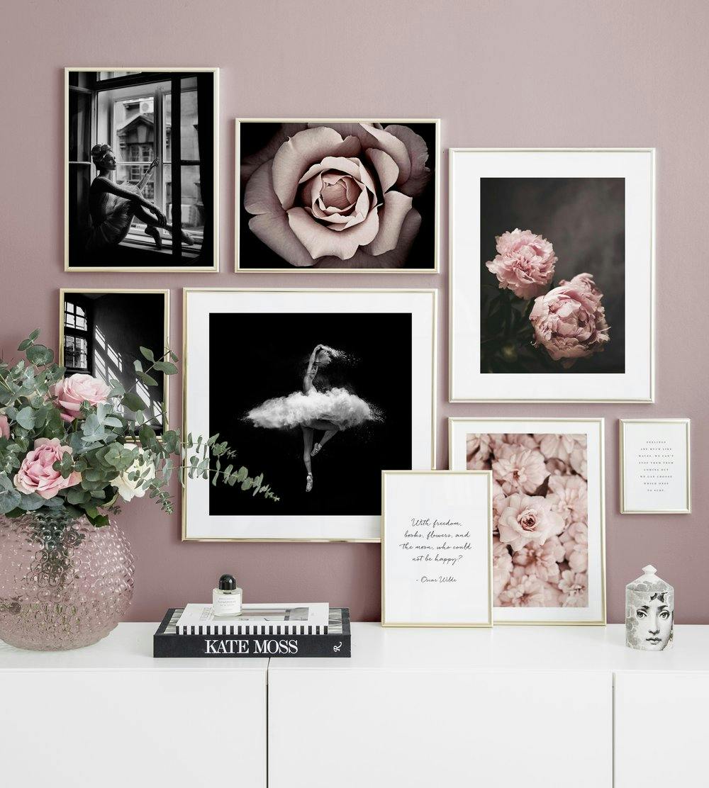 Gallery wall black and white photo art pink flowers