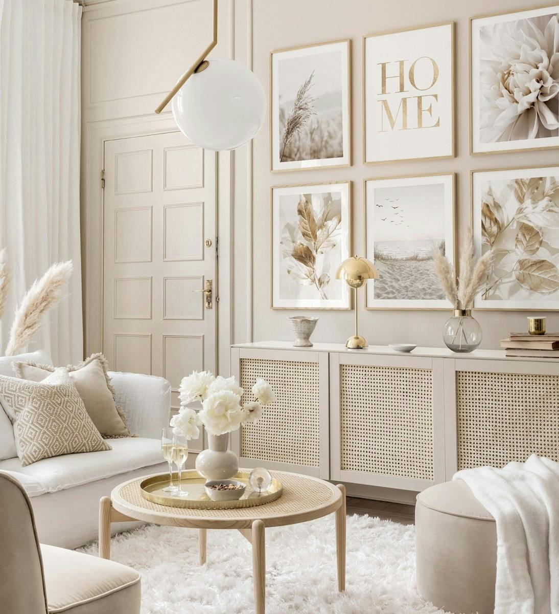 Beige gallery wall with flower posters and oak frames for living room (ONE SIZE) - Poster Store