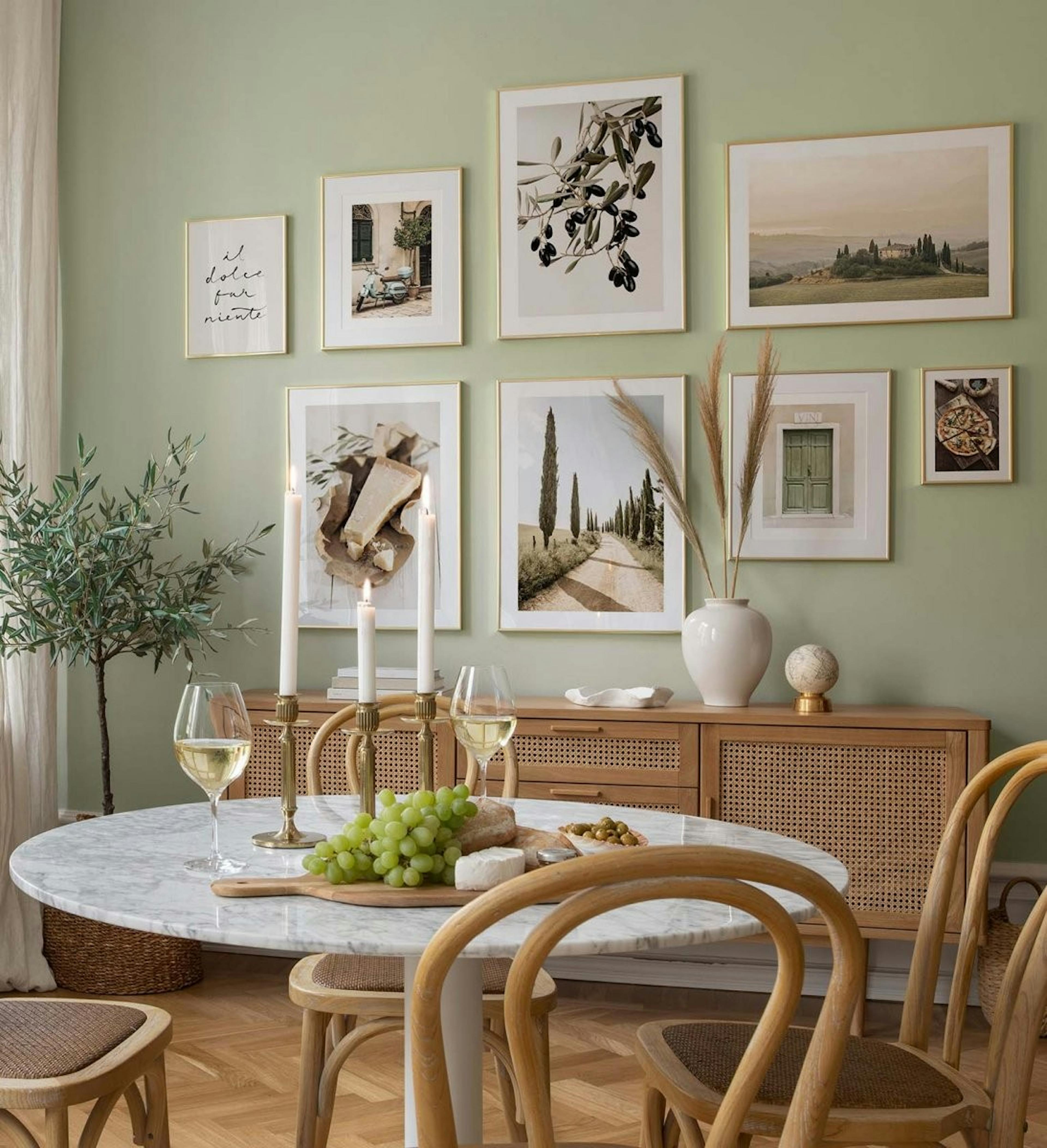 Green landscape gallery wall with golden frames for dining room