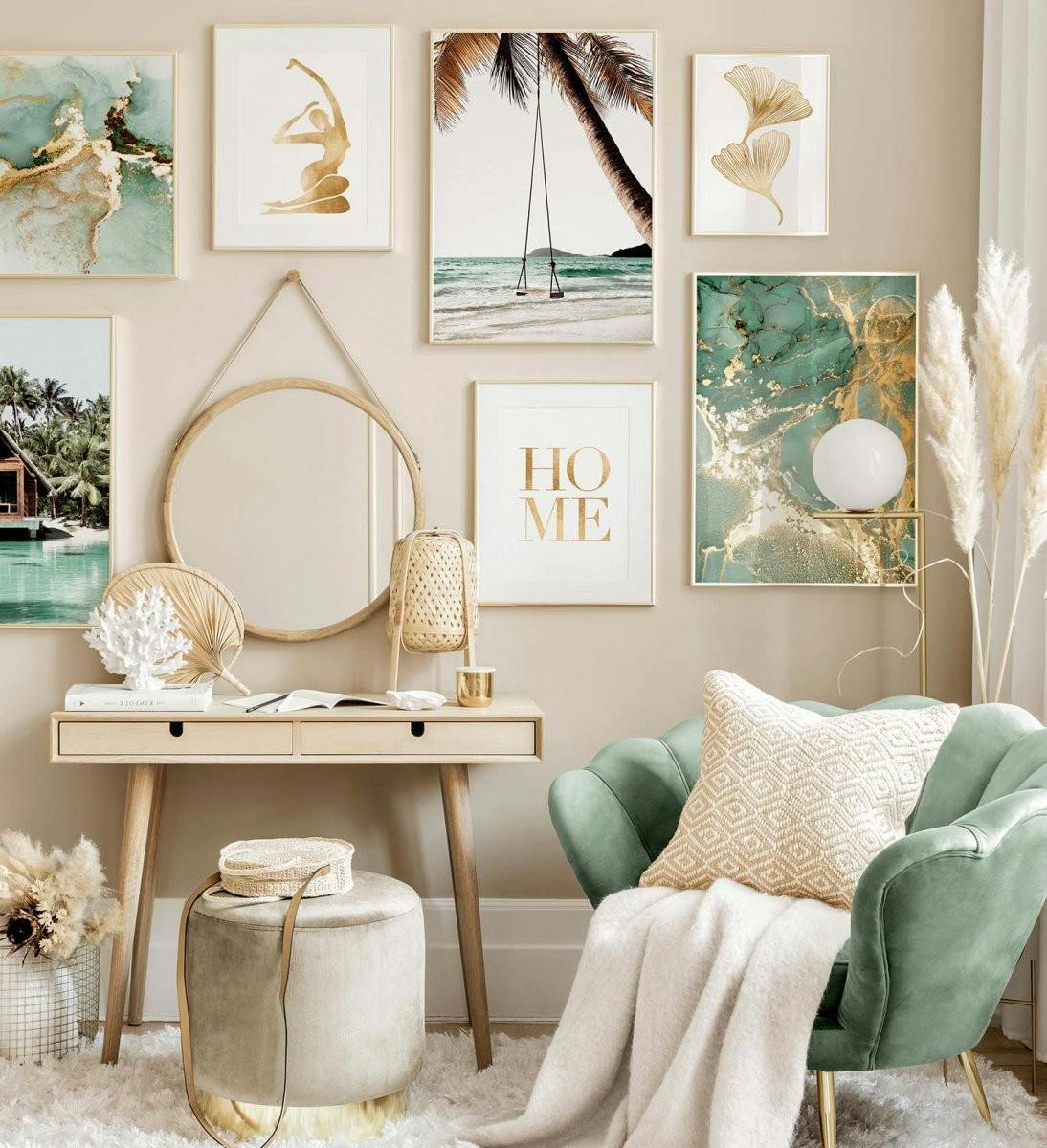 Tropical gallery wall with green and golden colours with golden frames for living room or bedroom (ONE SIZE) - Poster Store