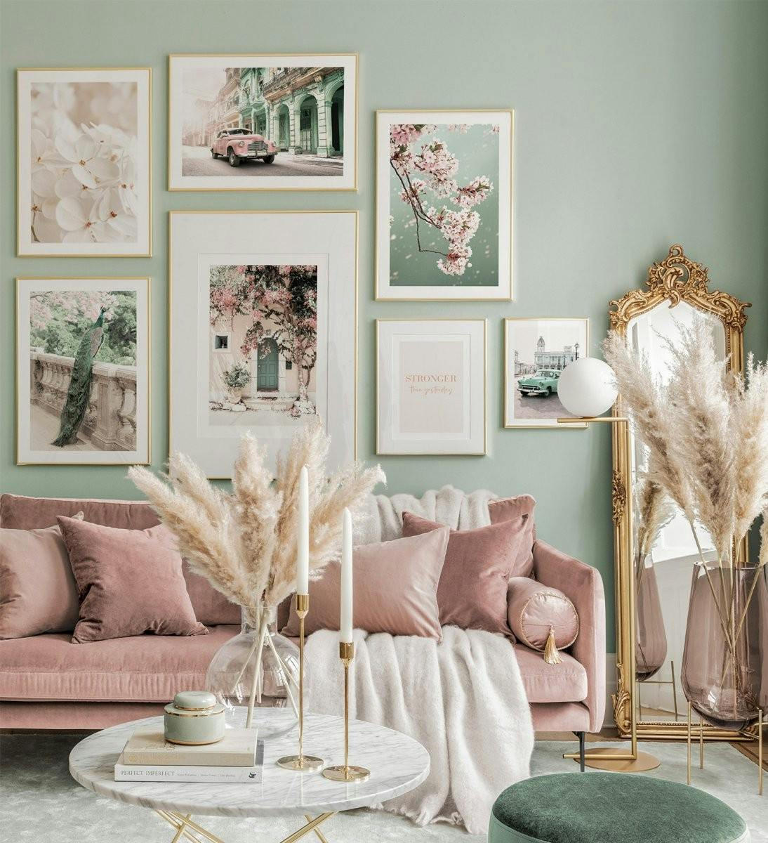 Botanical gallery wall in pink green and beige with golden frames for living room (ONE SIZE) - Poster Store
