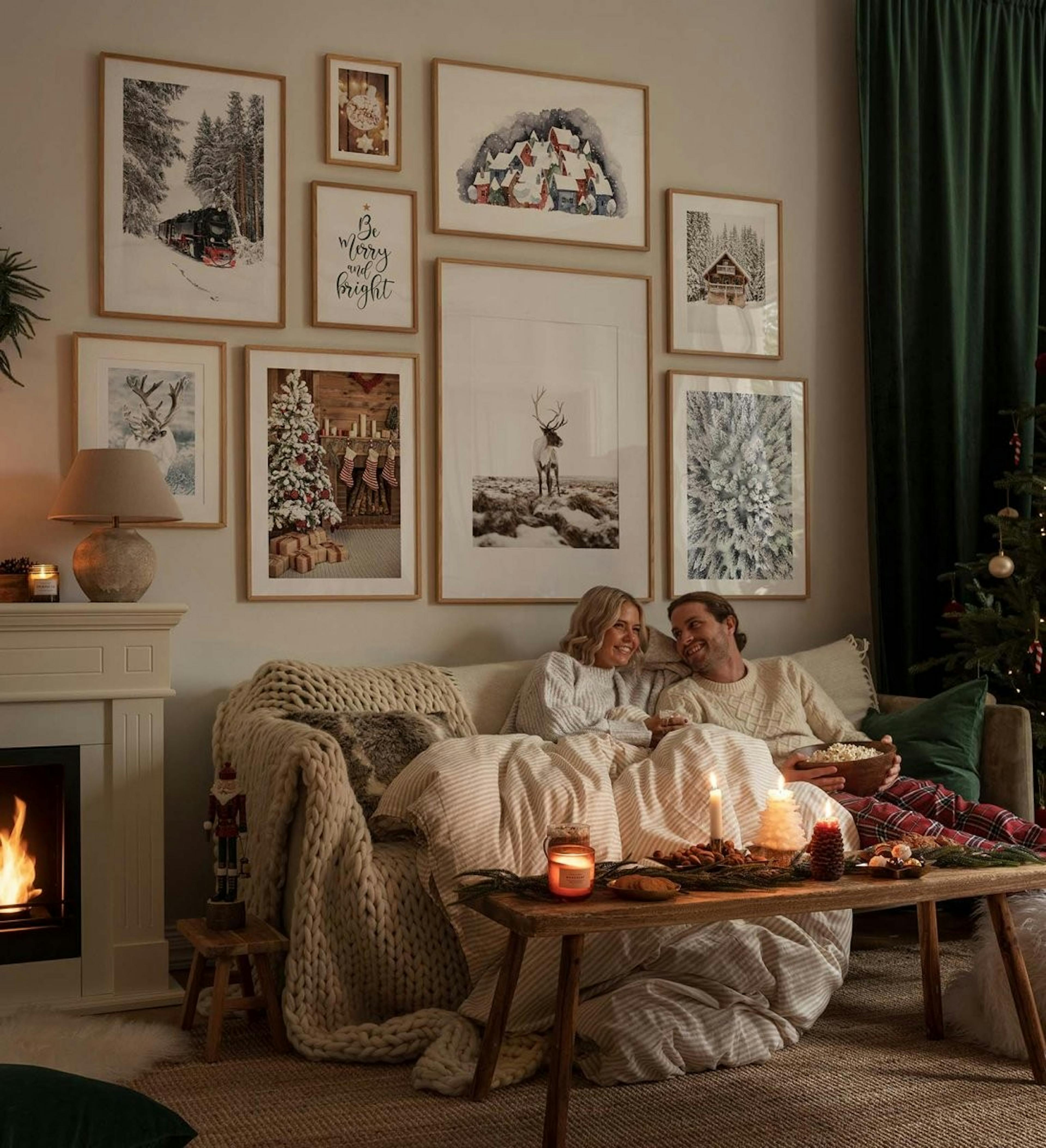 Julegallerivegg med snødekte trykk og illustrasjoner med eikarammer til stue
