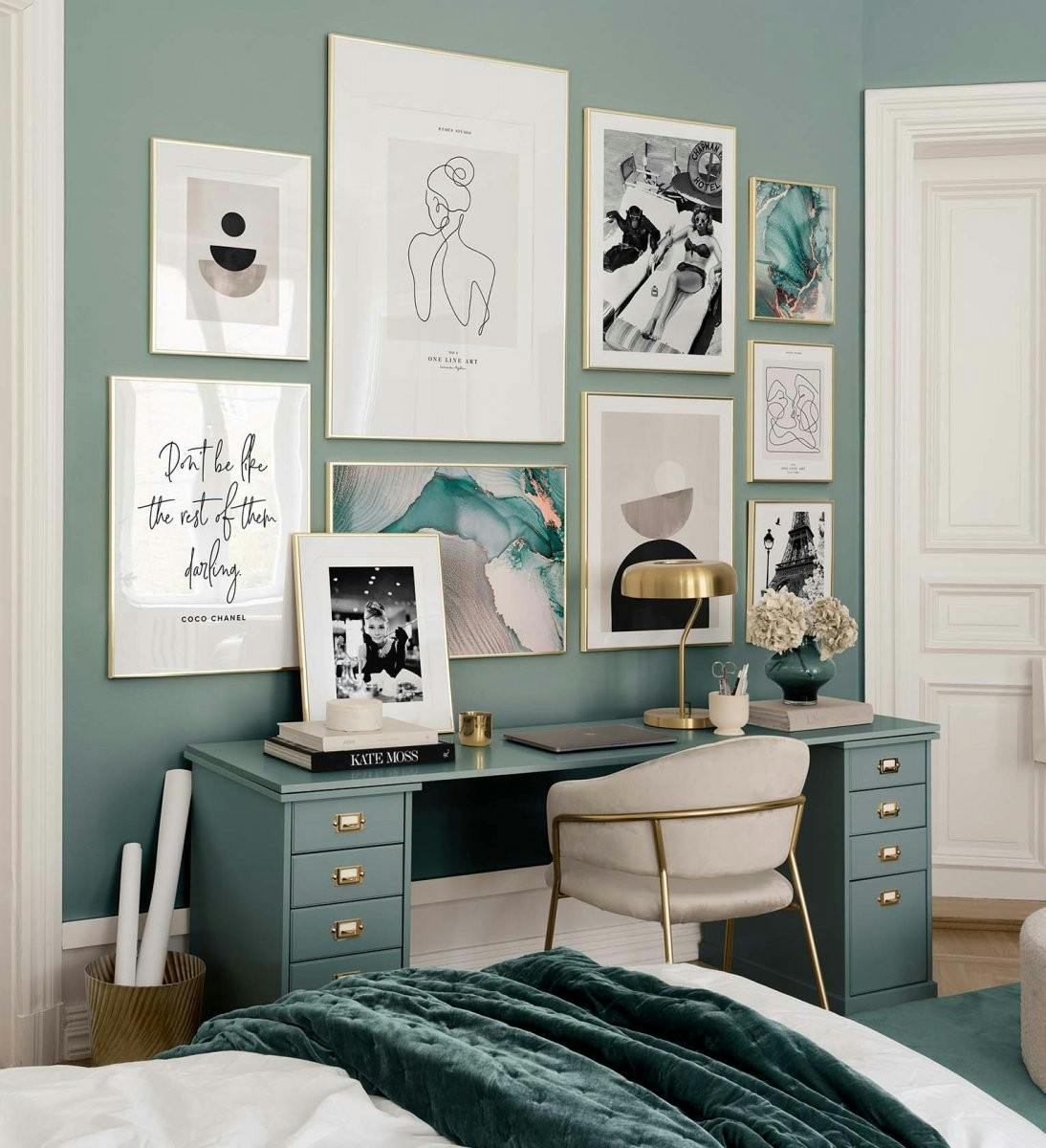 Trendy gallery wall with graphic, line art and photograph prints in green and nature colours with golden frames for bedroom