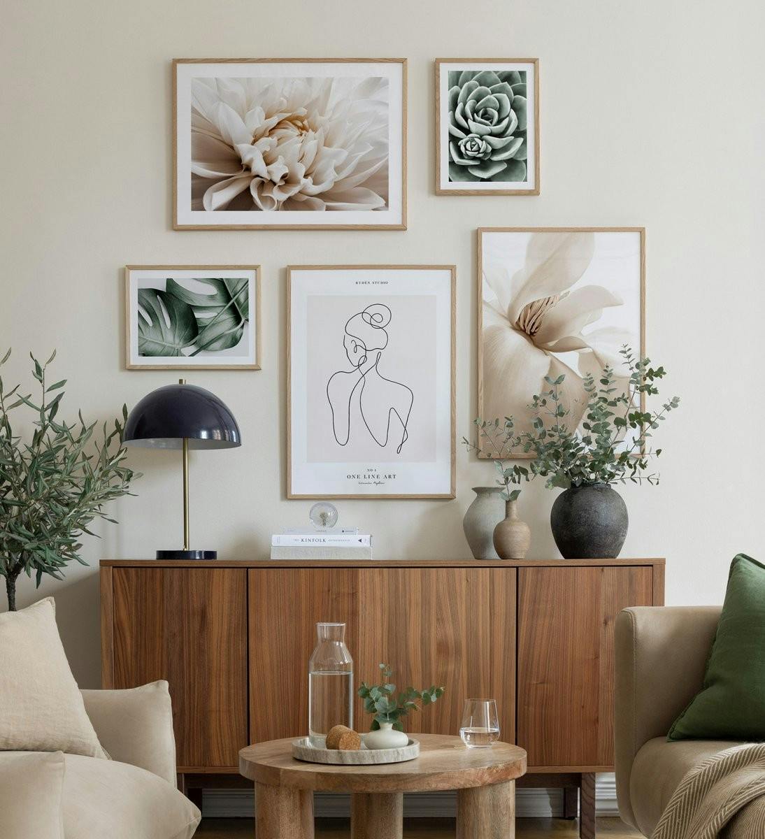 Green and beige gallery wall with flower prints and line art with oak frames for living room (ONE SIZE) - Poster Store