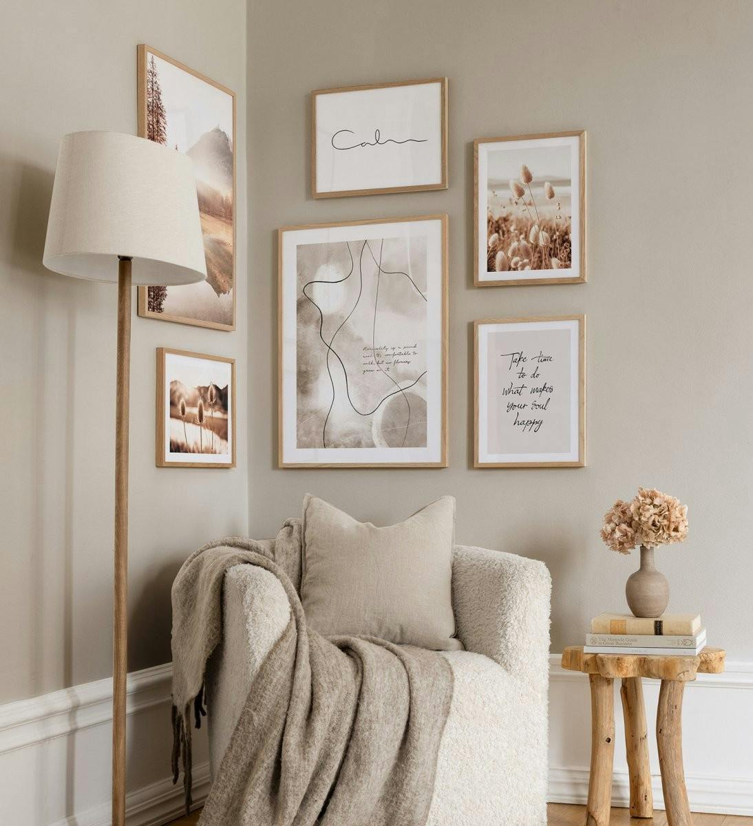 Gallery wall of nature prints with quotes in calm colours with oak frames for living room (ONE SIZE) - Poster Store