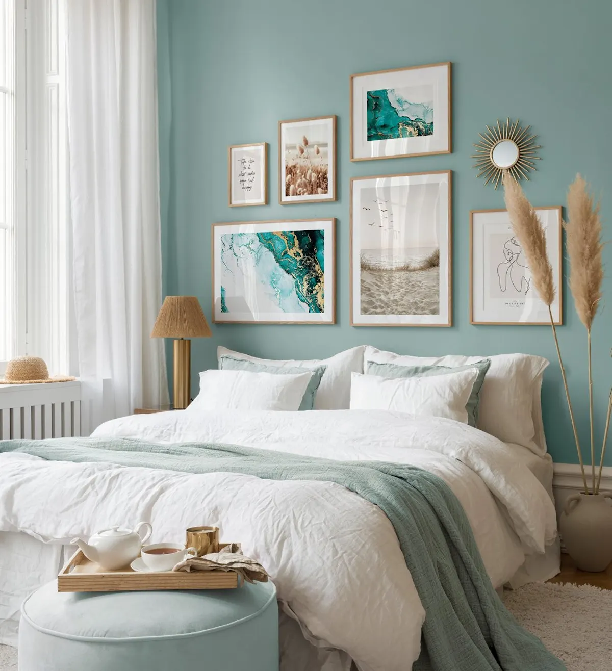 Tropical gallery wall with beach posters and photographs with oak — free download
