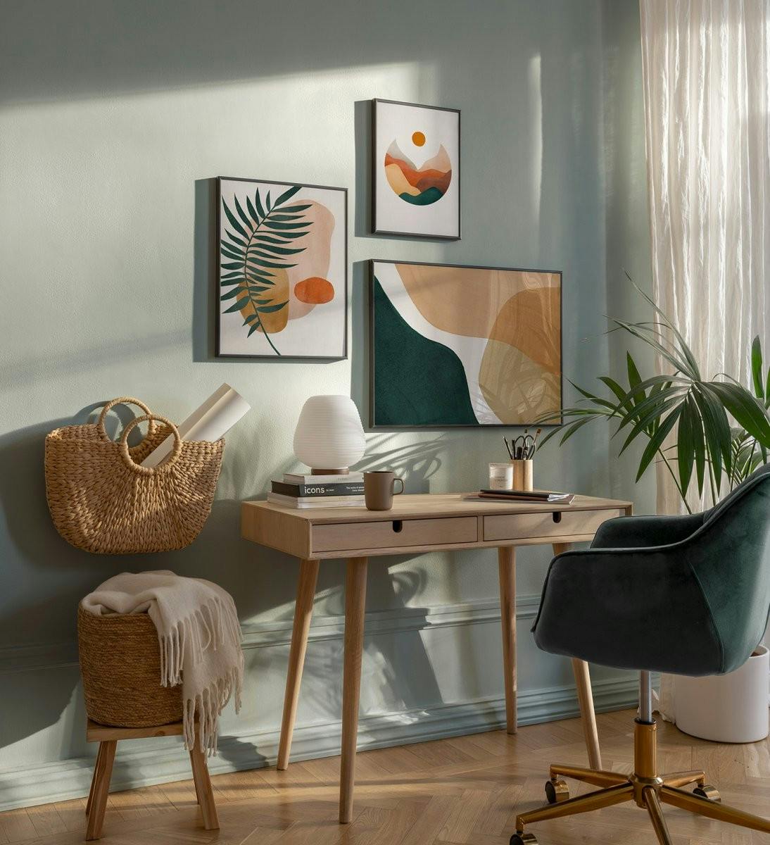 Galleria a parete semplice e alla moda con illustrazioni e arte astratta in cornici metalliche nere per l'home office (ONE SIZE) - Poster Store