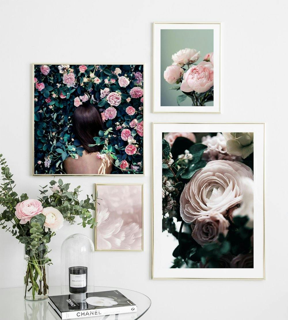 Picture wall pink green colours framed in gold