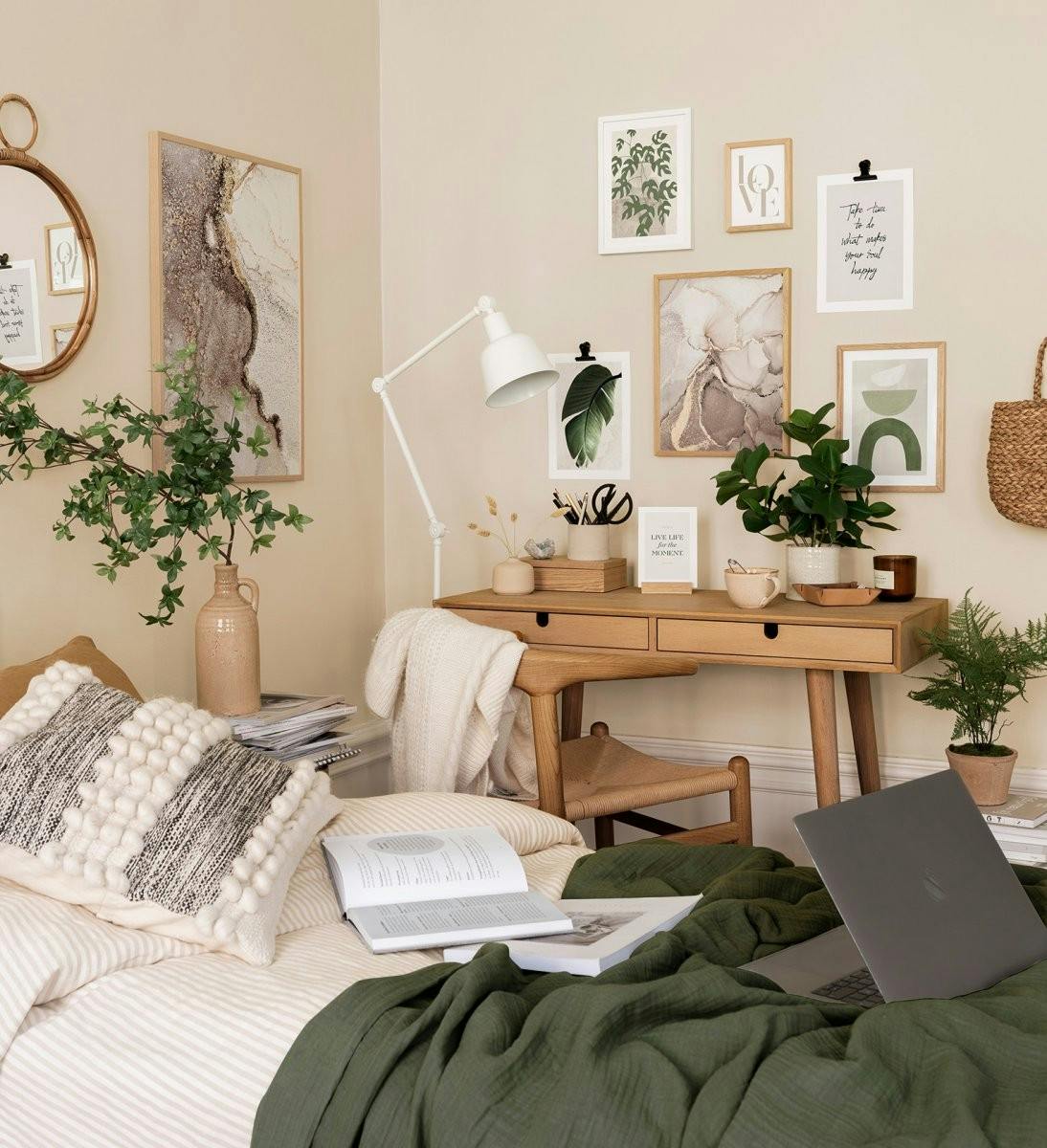 The perfect gallery wall for your study space. Stunning works of art with Oak & White wood frames. (ONE SIZE) - Poster Store