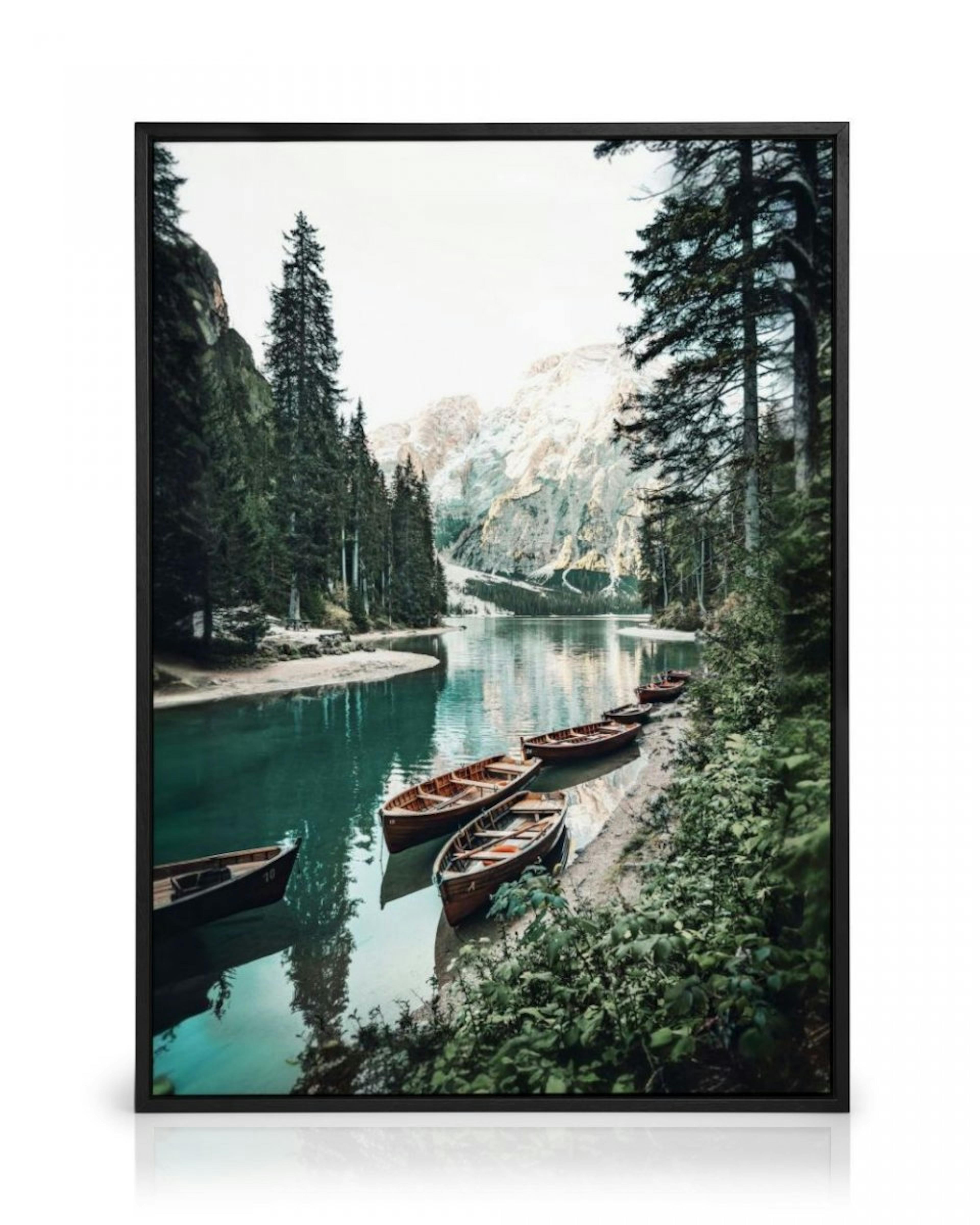 Boats with Mountain View Canvas Print thumbnail