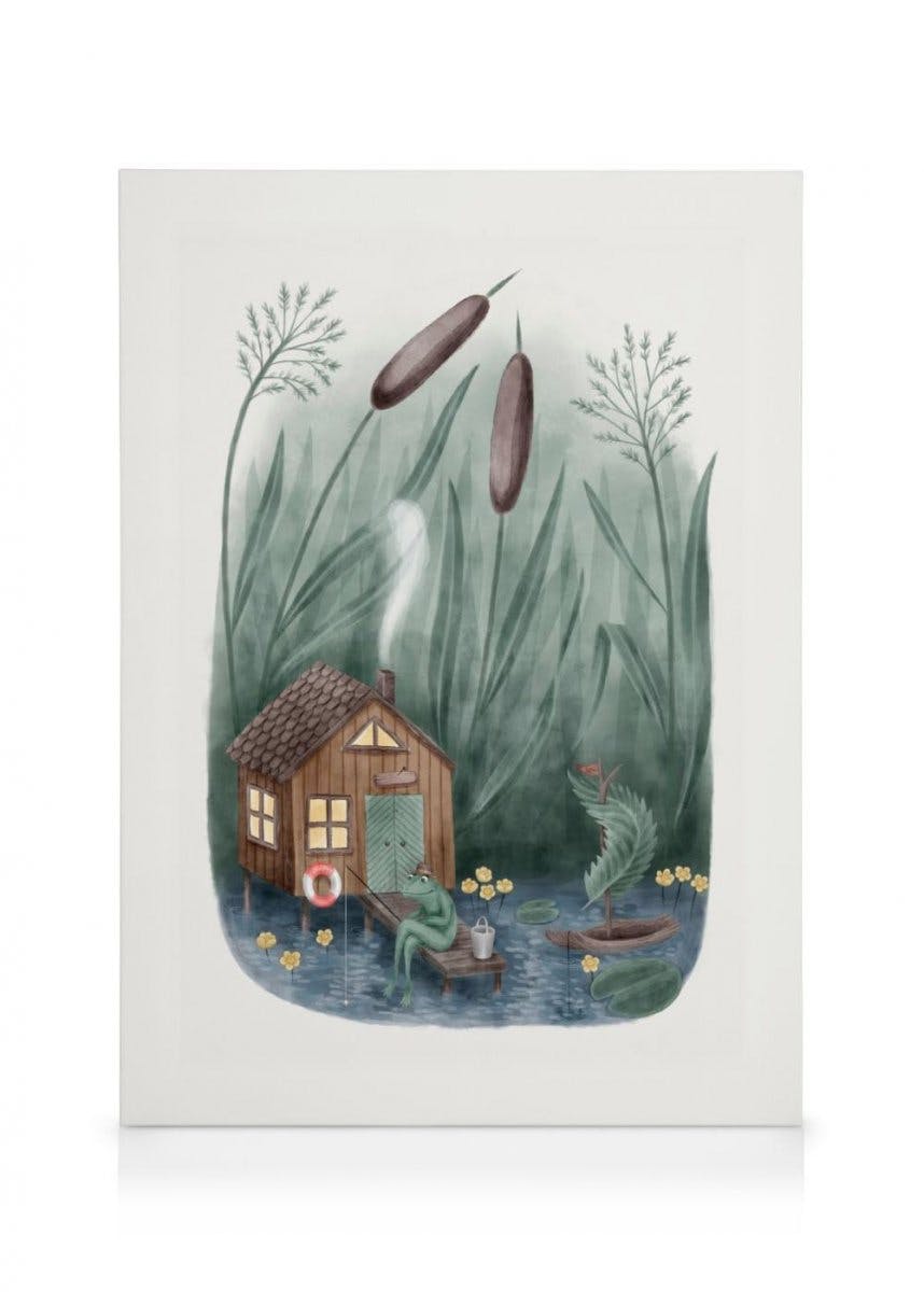 Frog Gone Fishing Canvas Print (70x100 cm - Black Frame) - Poster Store