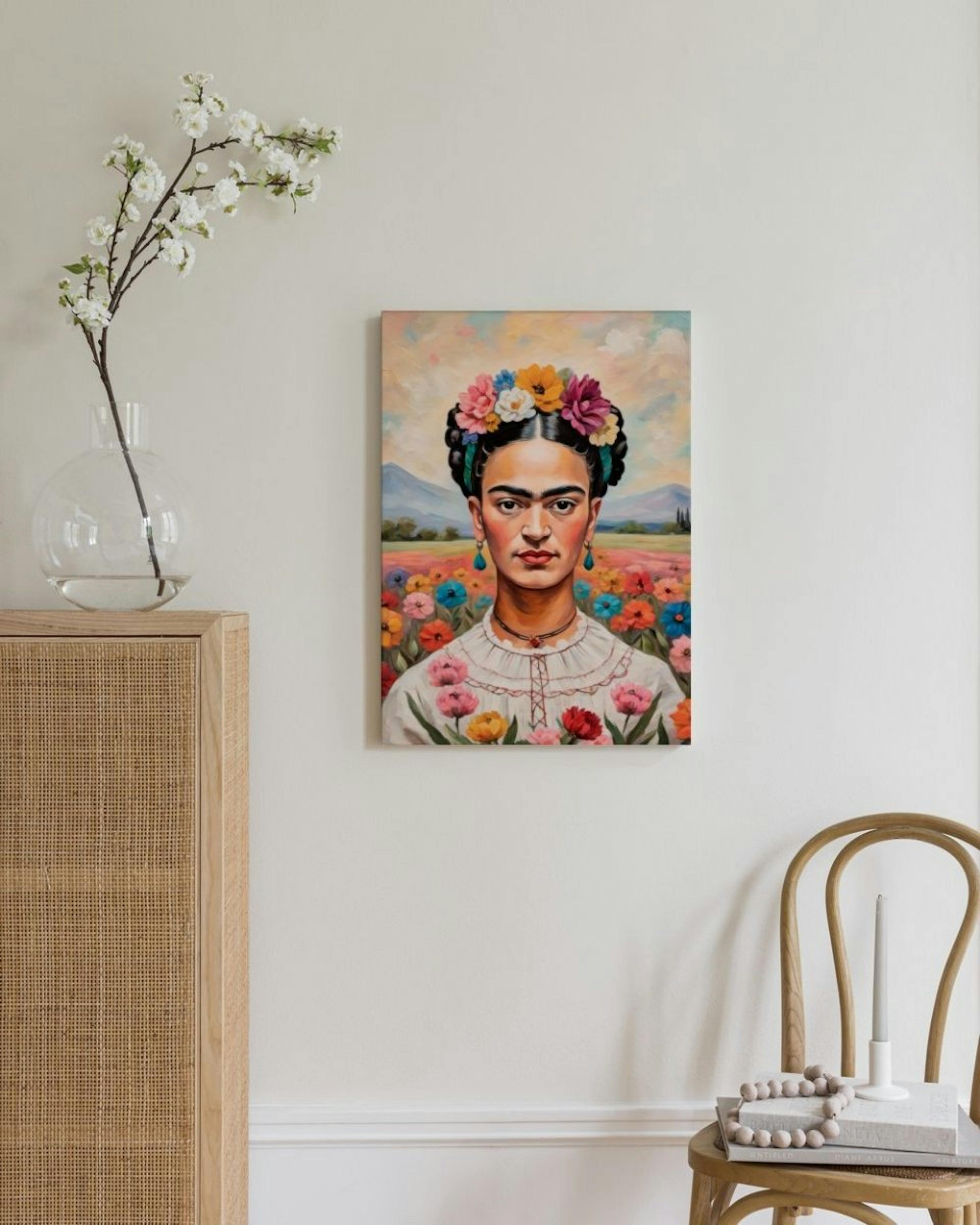 Frida Kahlo im Blumenfeld Leinwandbild thumbnail