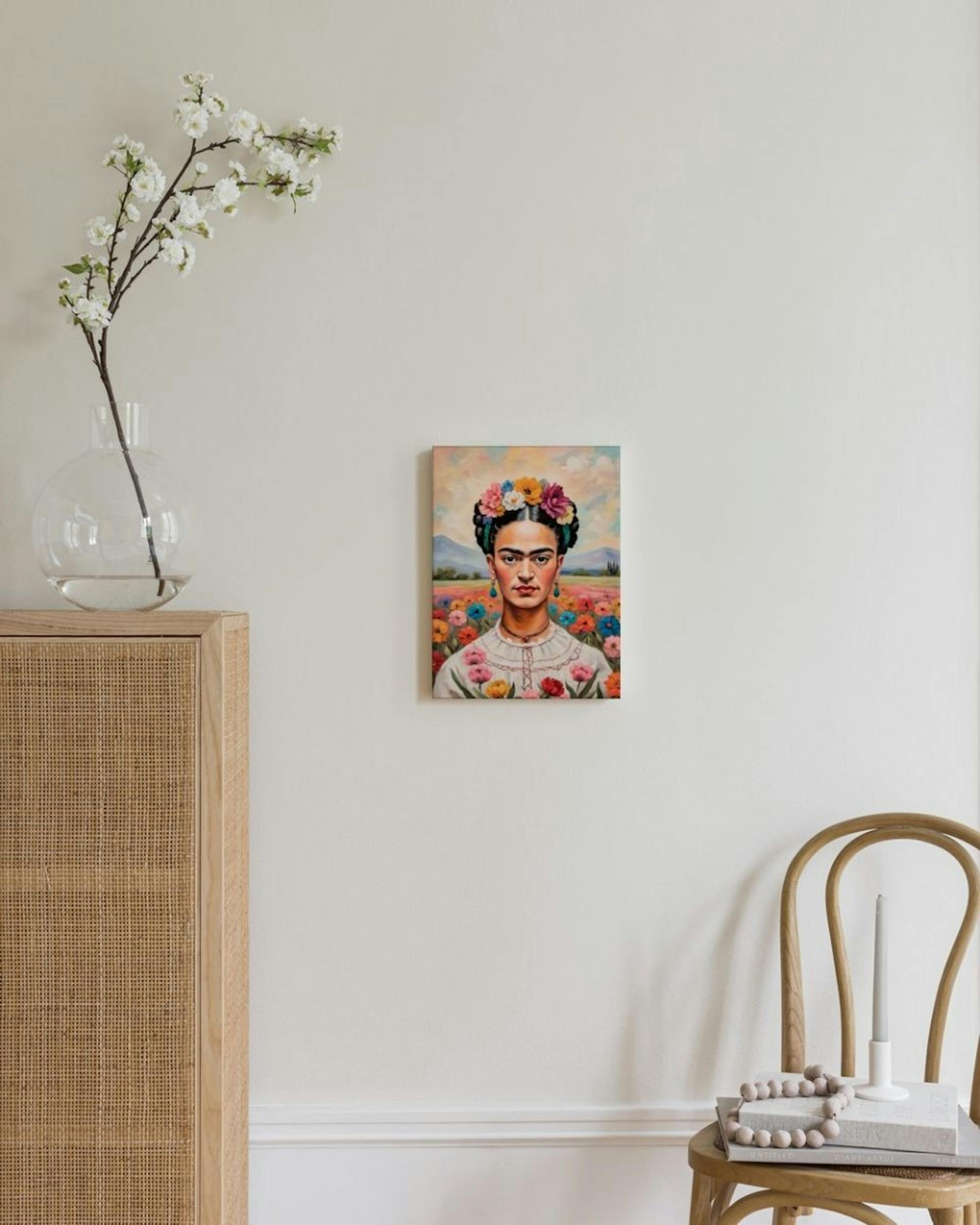 Frida Kahlo im Blumenfeld Leinwandbild thumbnail