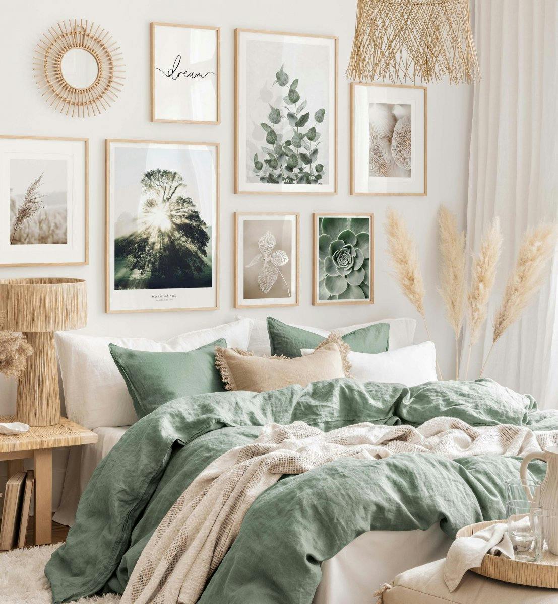 Serene beige and green nature photographs for bedroom