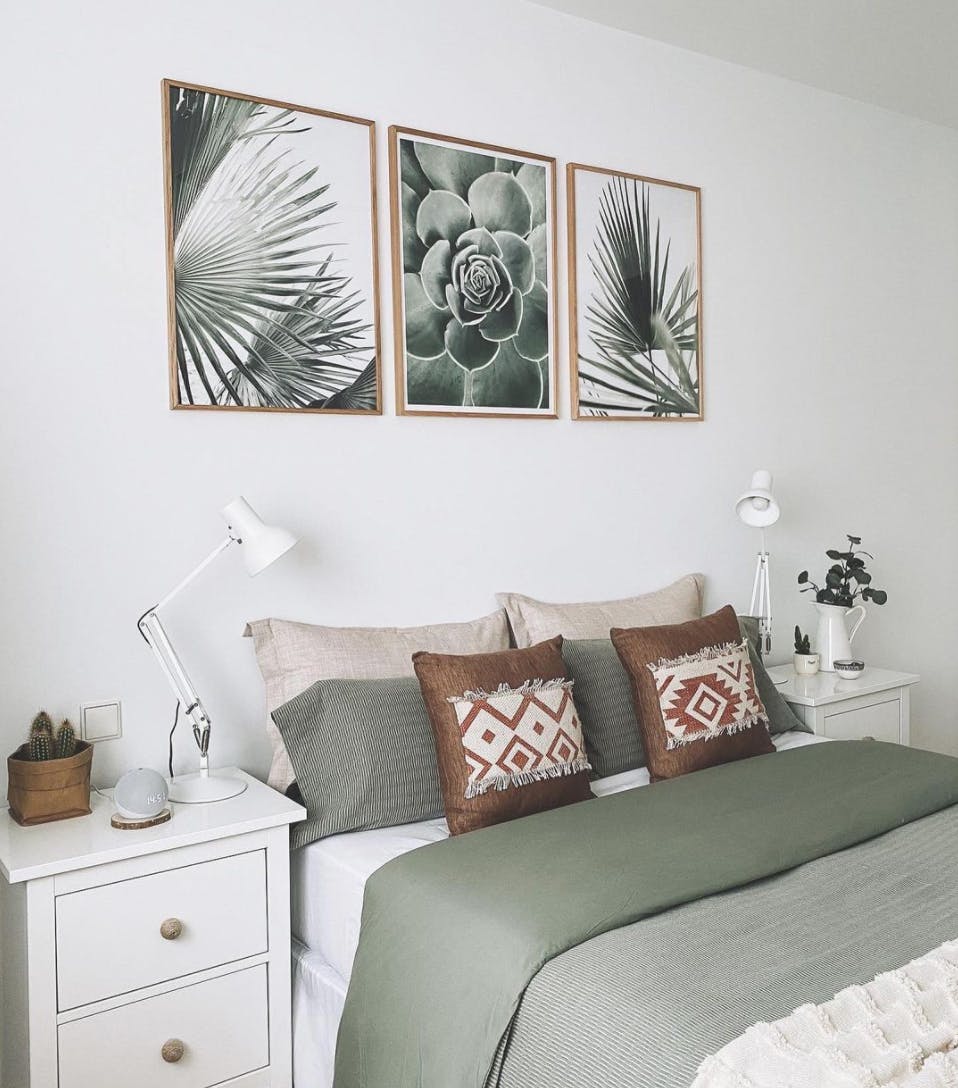 Botanical green gallery wall plant prints green bedroom