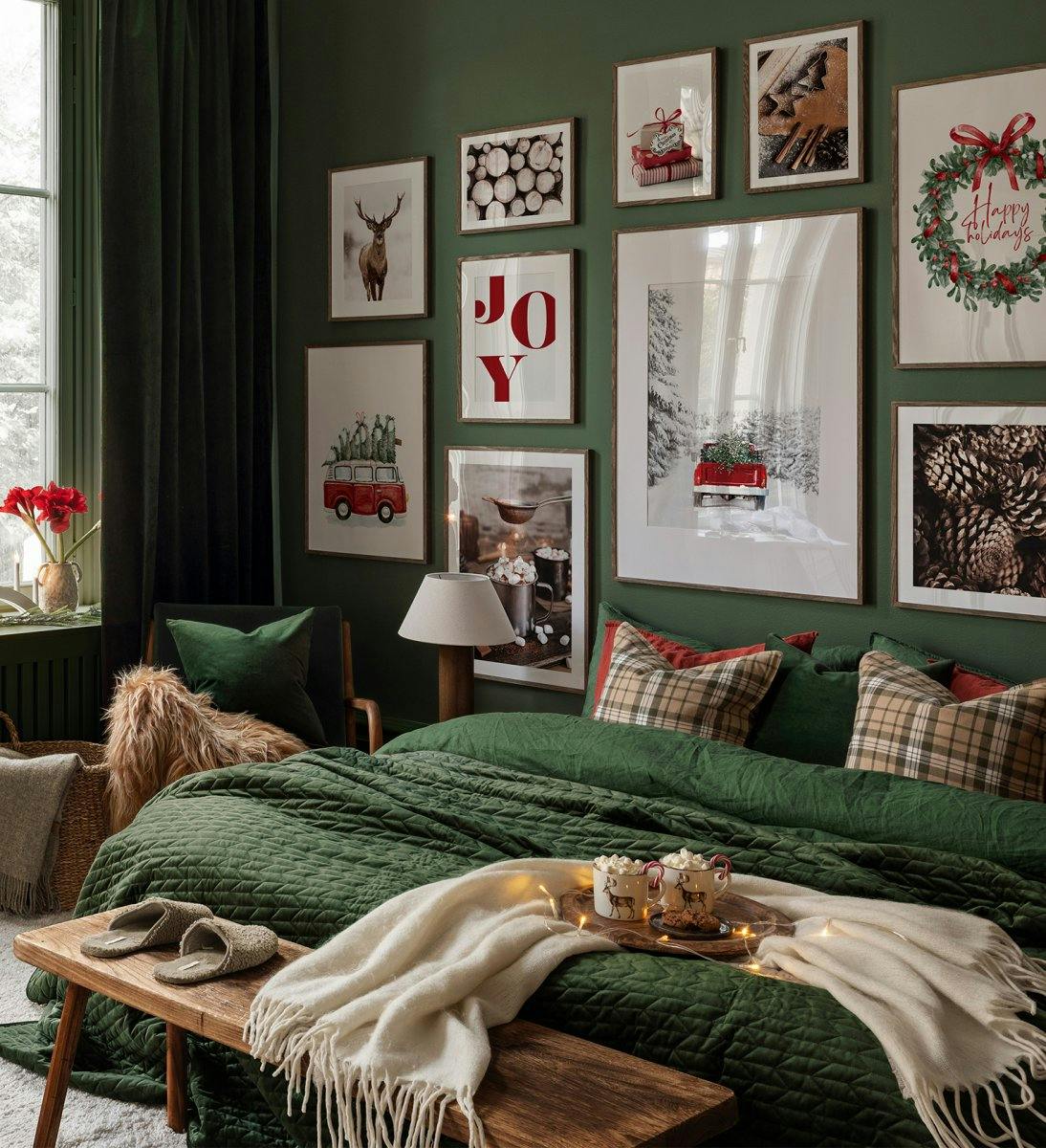 Pared de galería navideña con citas, fotografías e ilustraciones rojas y verdes con marcos de roble oscuro para el dormitorio