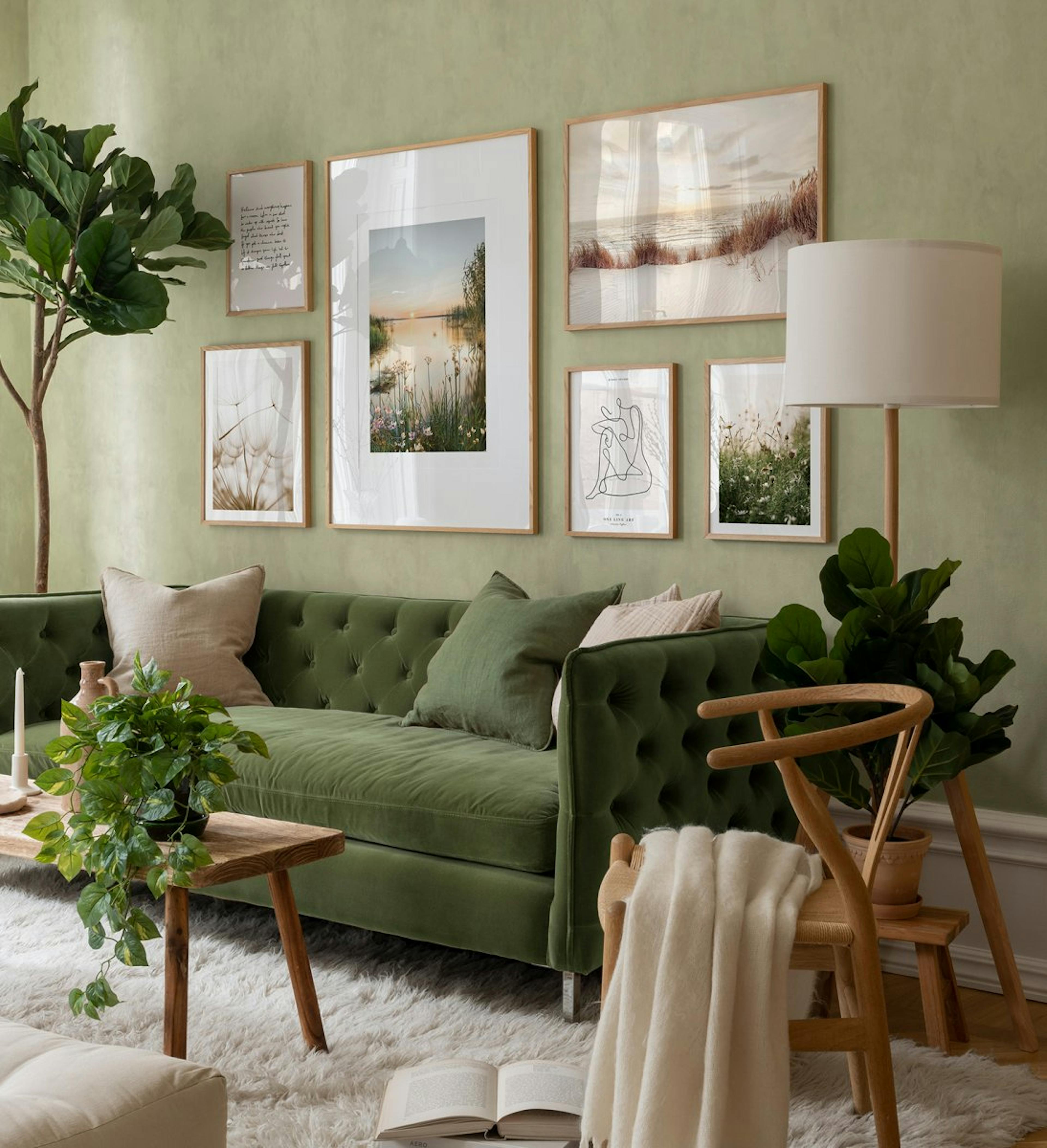 Green nature gallery wall with photographs and illustrations with oak frames for living room