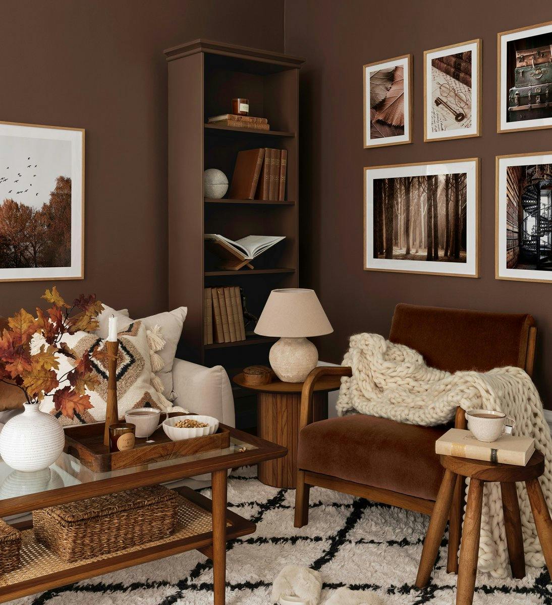 Gallery wall inspired by magical dark woods with oak frames for living room