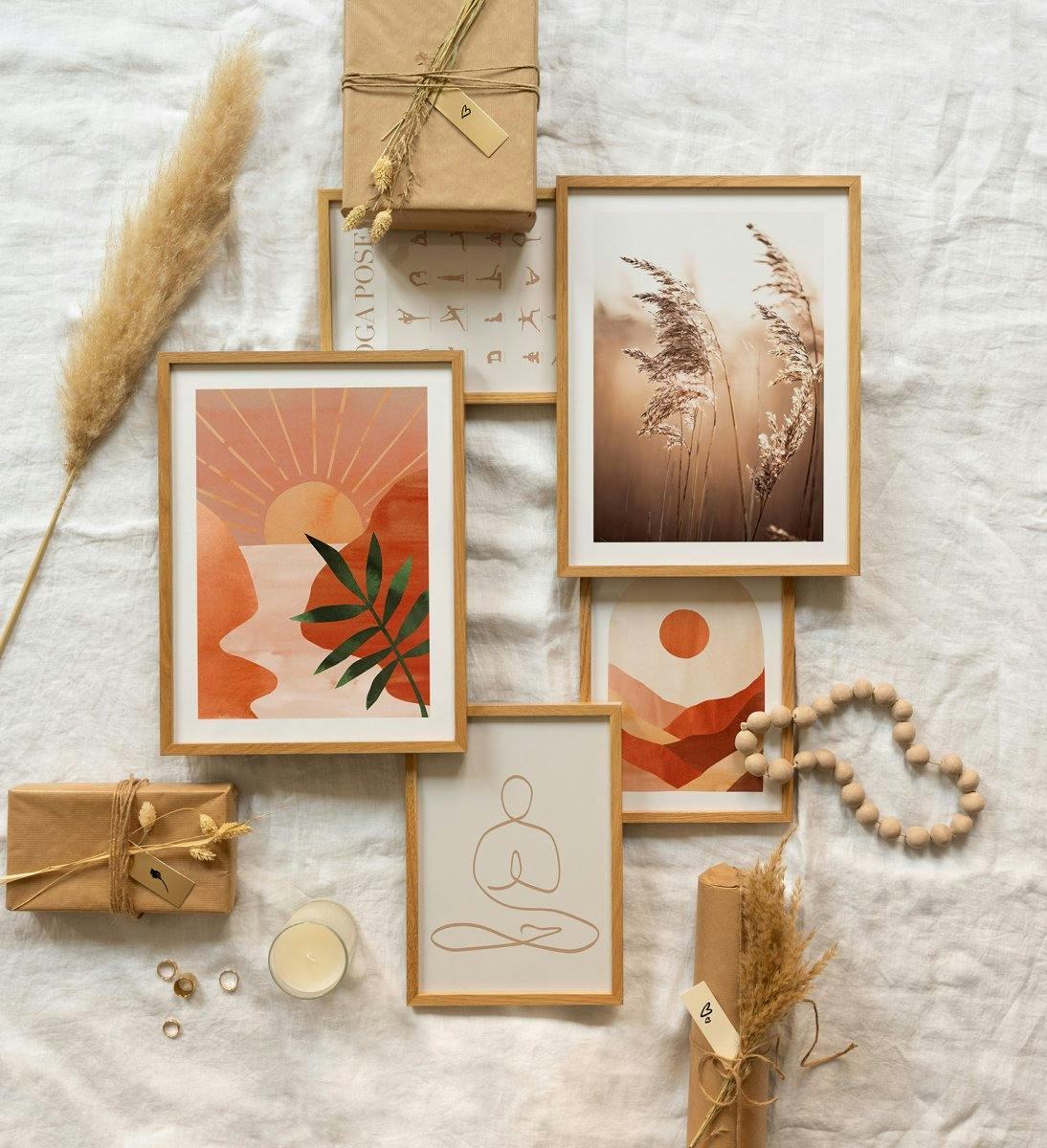Calm wall art in beige, orange and yellow colours inspired by nature and mindfulness with oak frames. The perfect gift for the s