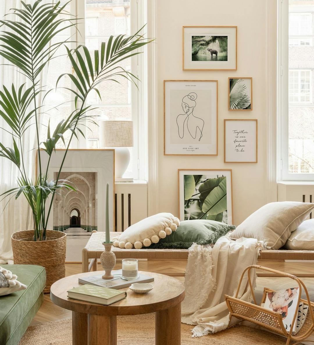 Calm landscape gallery wall with prints of nature with golden frames