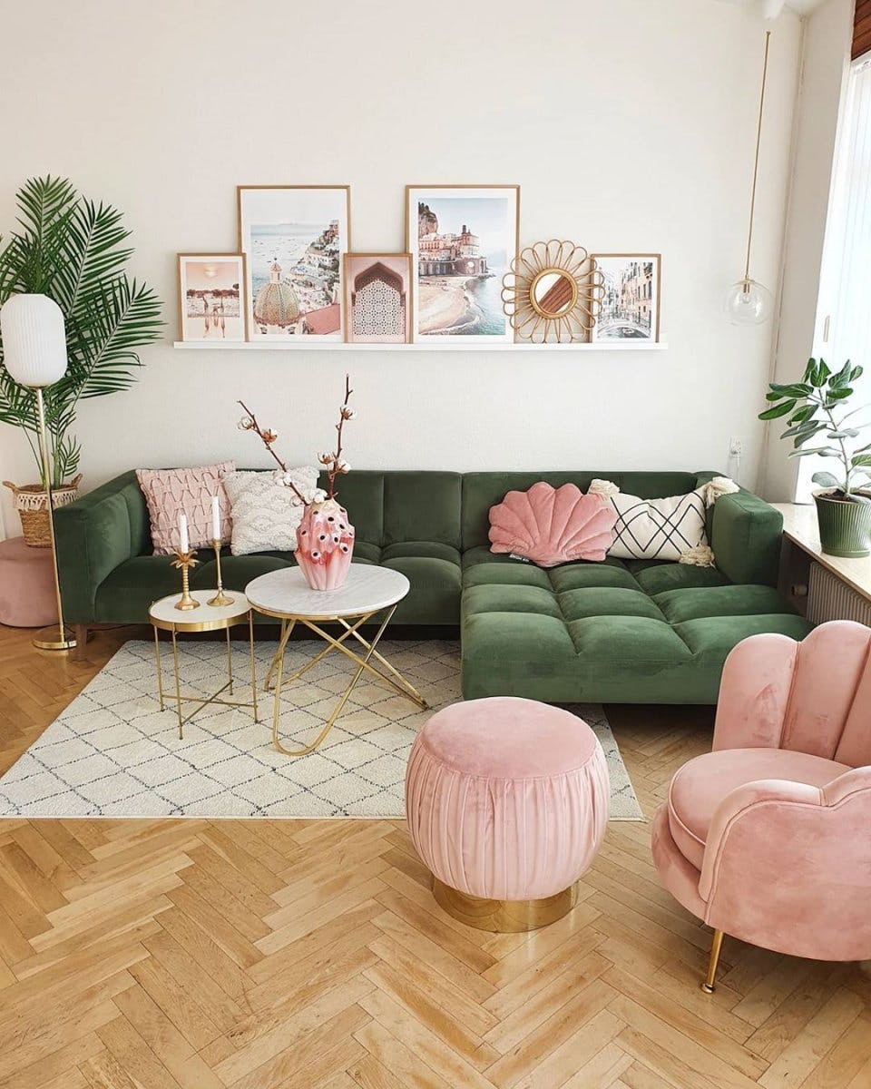 Stunning pink green gallery wall living room posters amalfi print