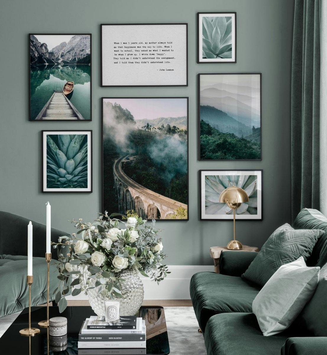 Green gallery wall with photo posters and quotes