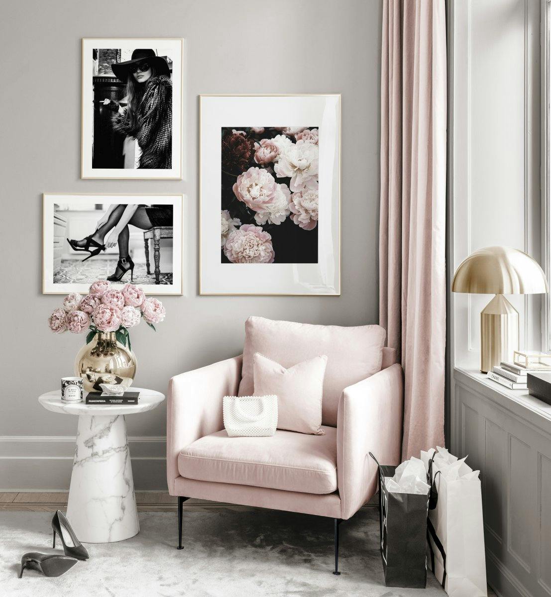 Fashion gallery wall black white posters spring peonies golden frames